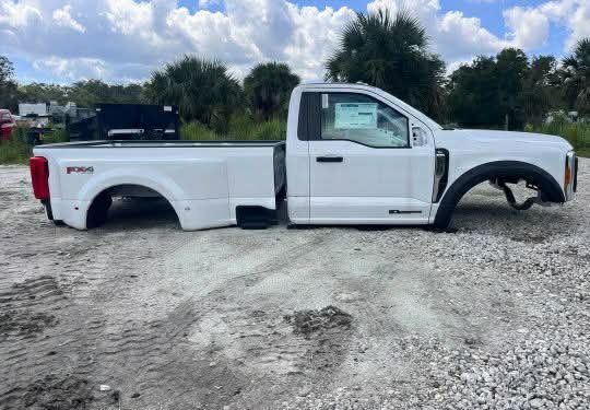 White 2023-2024 Ford F450 F550 2 door Regular Cab with doors and front clip (hood, fenders, grille, headlights and bumper) .
